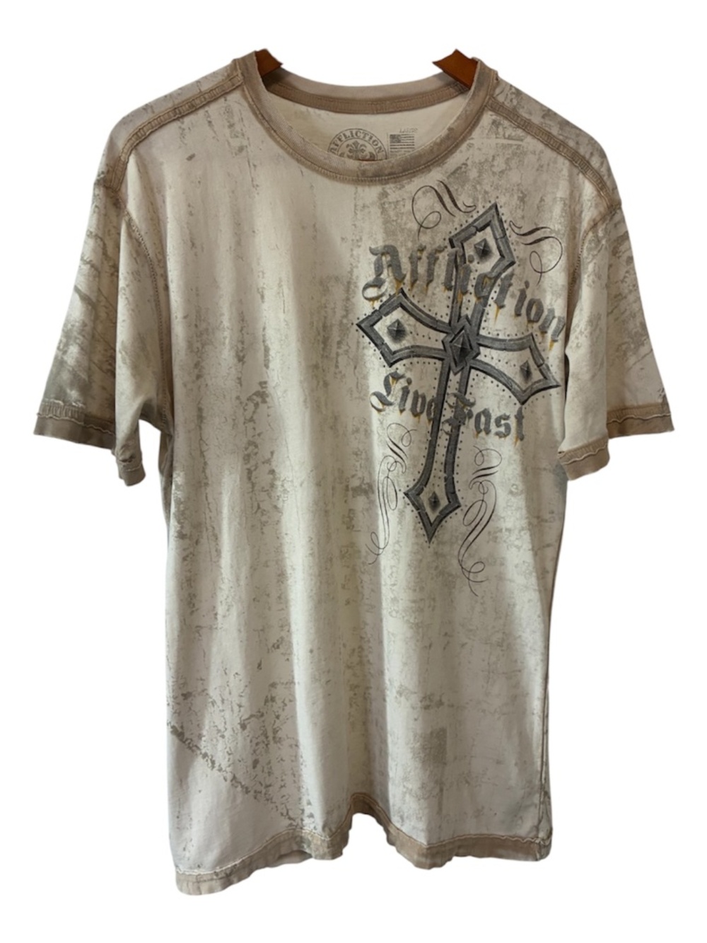 Affliction Live Fast Graphic Tee Shirt Distressed Y2K Beige w Black Cross Large